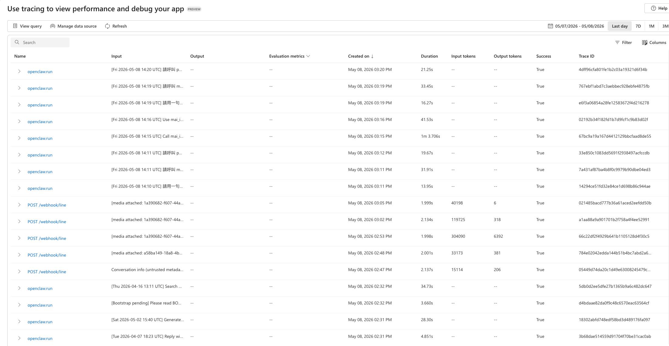 Azure AI Foundry Tracing tab showing OpenClaw runs and webhook traces with token columns