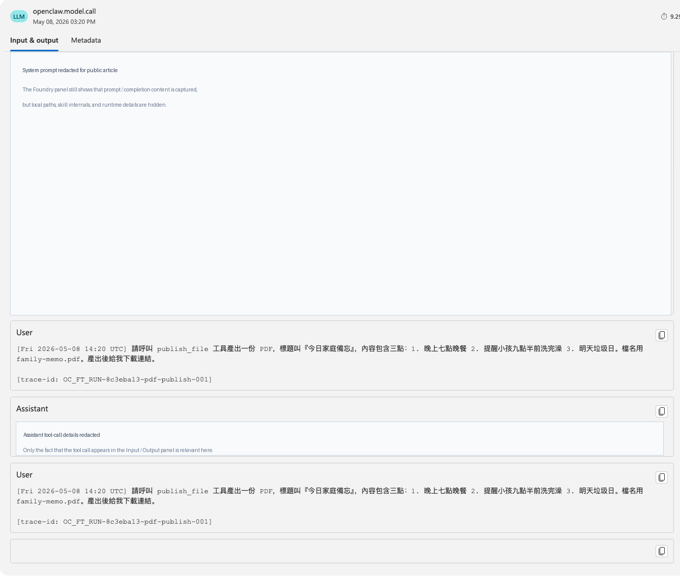 Azure AI Foundry Input and Output panel for an OpenClaw model call